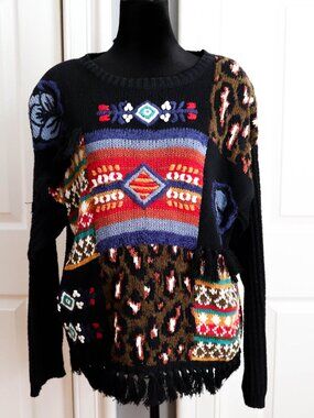 Vtg Carole Little Cotton Blend Pullover Statement Sweater Embroidered Boho Sz M